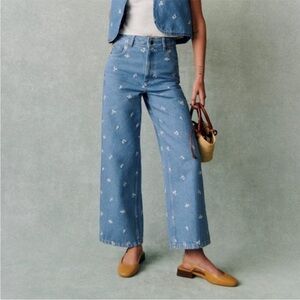 Sezane Le Crop in Blue with White Floral Embroidery Size 0